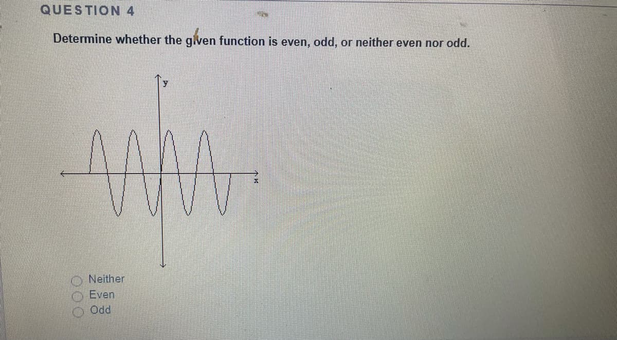 QUESTION 4
Determine whether the gven function is even, odd, or neither even nor odd.
Neither
Even
Odd.
000
