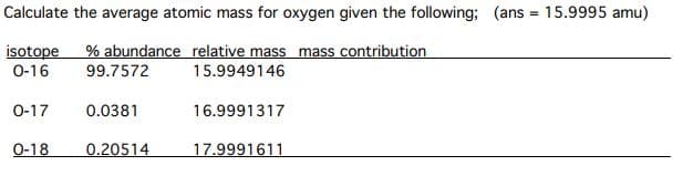 Calculate the average atomic mass for oxygen given the following; (ans = 15.9995 amu)
% abundance relative mass mass contribution
isotope
0-16
99.7572
15.9949146
0-17
0.0381
16.9991317
0-18
0.20514
17.9991611
