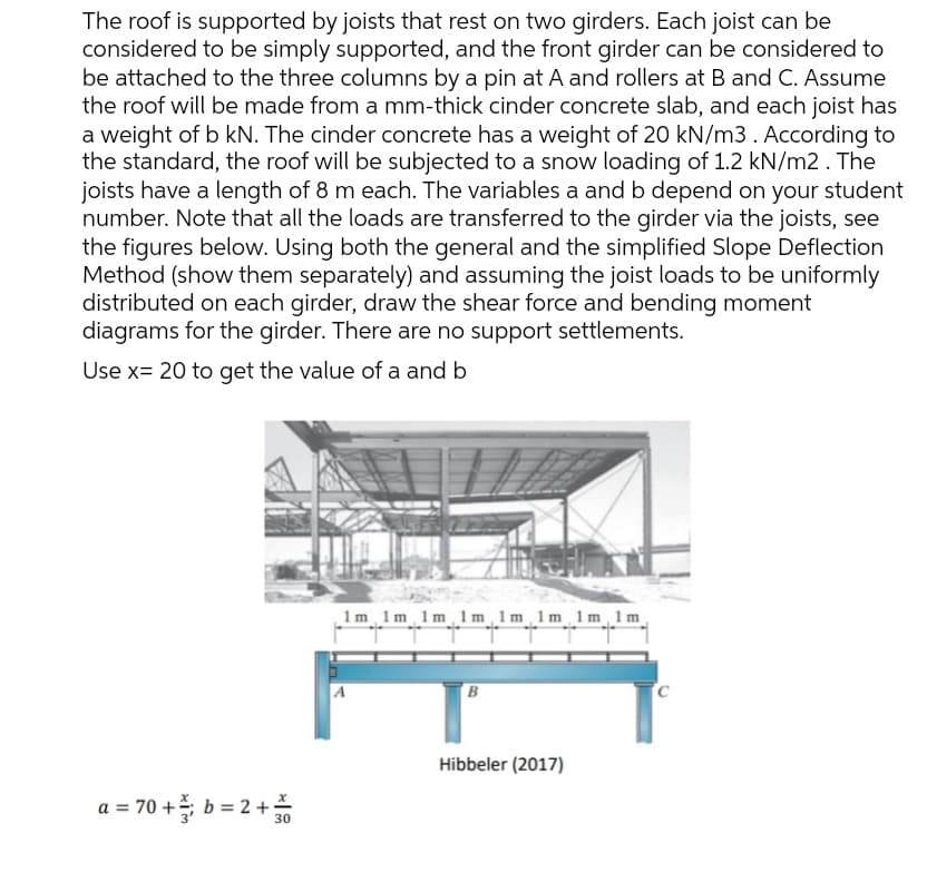 The roof is supported by joists that rest on two girders. Each joist can be
considered to be simply supported, and the front girder can be considered to
be attached to the three columns by a pin at A and rollers at B and C. Assume
the roof will be made from a mm-thick cinder concrete slab, and each joist has
a weight of b kN. The cinder concrete has a weight of 20 kN/m3. According to
the standard, the roof will be subjected to a snow loading of 1.2 kN/m2. The
joists have a length of 8 m each. The variables a and b depend on your student
number. Note that all the loads are transferred to the girder via the joists, see
the figures below. Using both the general and the simplified Slope Deflection
Method (show them separately) and assuming the joist loads to be uniformly
distributed on each girder, draw the shear force and bending moment
diagrams for the girder. There are no support settlements.
Use x= 20 to get the value of a and b
1m 1m 1m 1m 1m 1m 1m 1m
B
Hibbeler (2017)
x
a = 70 + b = 2 + 30
C