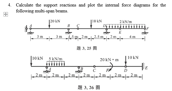 4. Calculate the support reactions and plot the internal force diagrams for the
following multi-span beams.
|20 kN
B.
10 kN
DE
2 kN/m
E
5 m2 m2.5 m 2 m
3 m
3 m
4 m
--
题3.25 图
| 10 kN
l0 KN 5 kN/m
20 kN• m
D
2 m
+2 m2 m- 2 m-2m 2 m
m
题3.26 图
田

