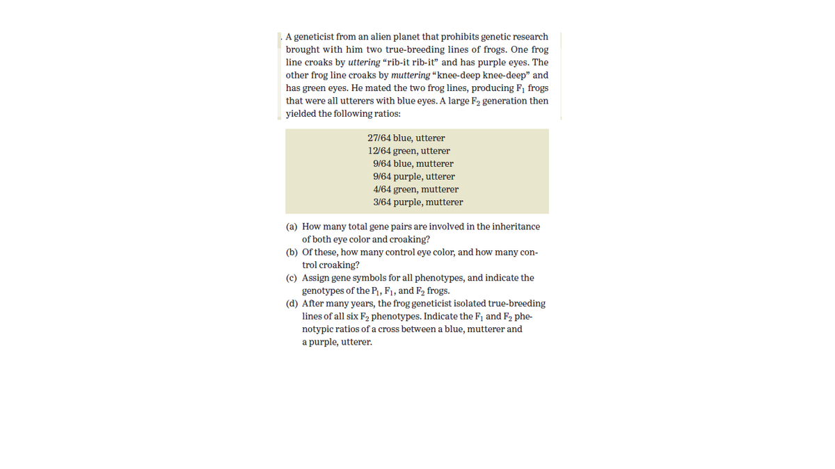 A geneticist from an alien planet that prohibits genetic research
brought with him two true-breeding lines of frogs. One frog
line croaks by uttering “rib-it rib-it" and has purple eyes. The
other frog line croaks by muttering “knee-deep knee-deep" and
has green eyes. He mated the two frog lines, producing F1 frogs
that were all utterers with blue eyes. A large F2 generation then
yielded the following ratios:
27/64 blue, utterer
12/64 green, utterer
9/64 blue, mutterer
9/64 purple, utterer
4/64 green, mutterer
3/64 purple, mutterer
(a) How many total gene pairs are involved in the inheritance
of both eye color and croaking?
(b) Of these, how many control eye color, and how many con-
trol croaking?
(c) Assign gene symbols for all phenotypes, and indicate the
genotypes of the Pi, F1, and F2 frogs.
(d) After many years, the frog geneticist isolated true-breeding
lines of all six F2 phenotypes. Indicate the F1 and F2 phe-
notypic ratios of a cross between a blue, mutterer and
a purple, utterer.
