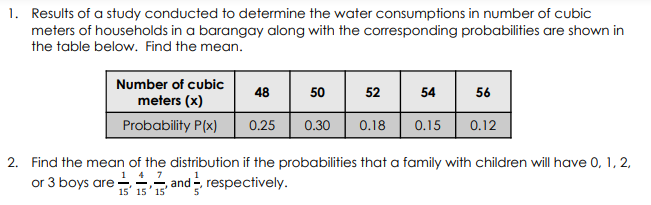 1. Results of a study conducted to determine the water consumptions in number of cubic
meters of households in a barangay along with the corresponding probabilities are shown in
the table below. Find the mean.
Number of cubic
52
54
meters (x)
Probability P(x)
0.25
0.30
0.18
0.15
0.12
2. Find the mean of the distribution if the probabilities that a family with children will have 0, 1, 2,
or 3 boys are -– and - respectively.
4 7
15 15 15
