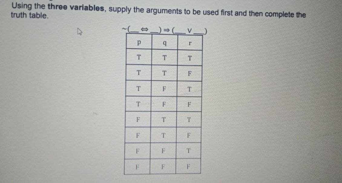 Using the three variables, supply the arguments to be used first and then complete the
truth table.
) =(LV
r
T.
T
T.
T.
T.
F
T
F
F
F
F
