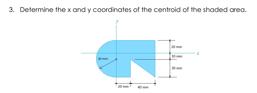 3. Determine the x and y coordinates of the centroid of the shaded area.
y
20 mm
10 mm
30 mm
30 mm
20 mm
40 mm
