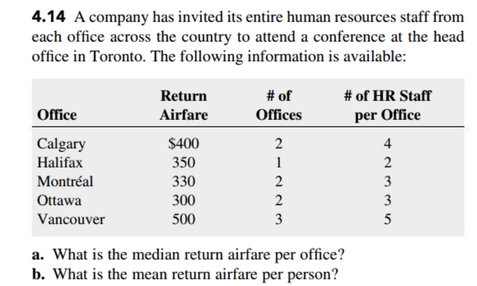 4.14 A company has invited its entire human resources staff from
each office across the country to attend a conference at the head
office in Toronto. The following information is available:
Return
# of
# of HR Staff
Office
Airfare
Offices
per Office
Calgary
$400
2
4
Halifax
350
1
2
Montréal
330
2
3
Ottawa
300
2
3
Vancouver
500
3
5
a. What is the median return airfare per office?
b. What is the mean return airfare per person?
