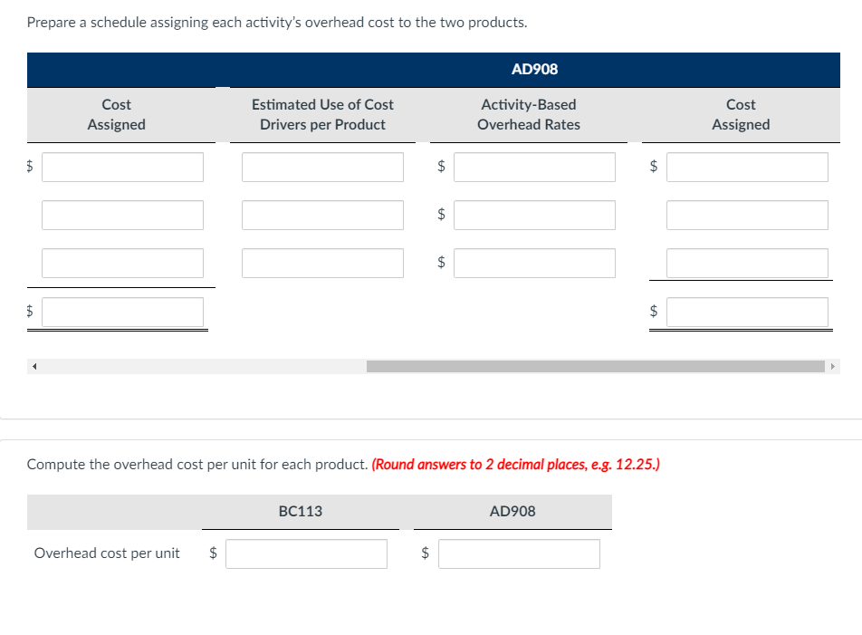 Prepare a schedule assigning each activity's overhead cost to the two products.
AD908
Cost
Estimated Use of Cost
Activity-Based
Cost
Assigned
Drivers per Product
Overhead Rates
Assigned
$
$
Compute the overhead cost per unit for each product. (Round answers to 2 decimal places, e.g. 12.25.)
ВС113
AD908
Overhead cost per unit
%24
%24
%24
%24
%24
%24
%24
