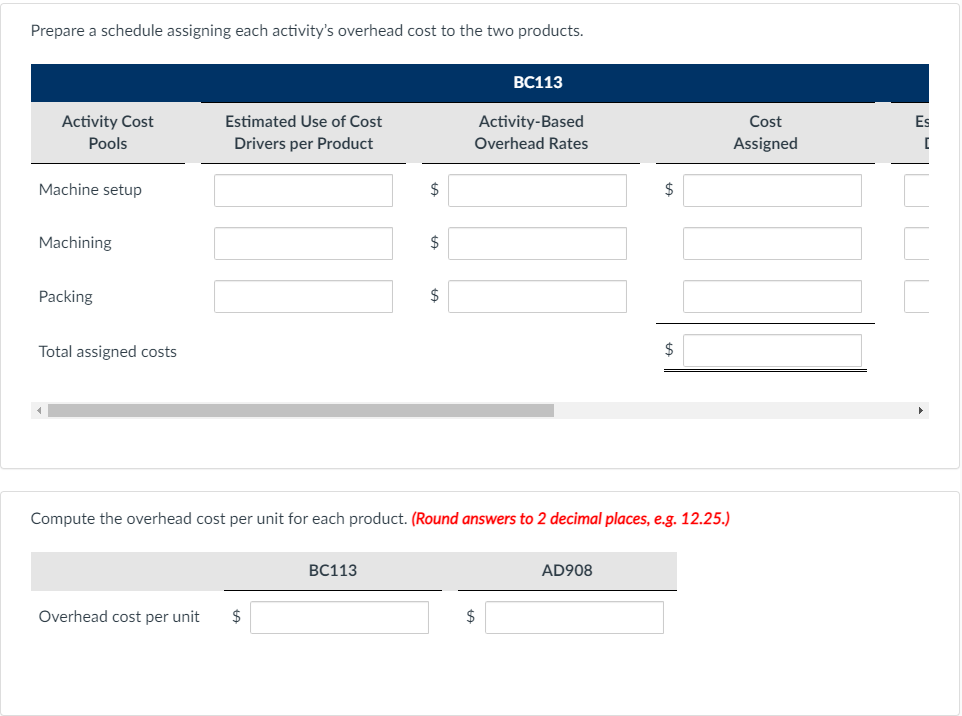 Prepare a schedule assigning each activity's overhead cost to the two products.
ВС113
Activity-Based
Activity Cost
Pools
Estimated Use of Cost
Cost
Es
Drivers per Product
Overhead Rates
Assigned
Machine setup
2$
2$
Machining
$
Packing
Total assigned costs
$
Compute the overhead cost per unit for each product. (Round answers to 2 decimal places, e.g. 12.25.)
ВС113
AD908
Overhead cost per unit
$
$
