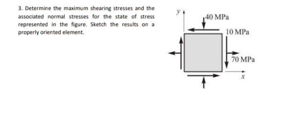 3. Determine the maximum shearing stresses and the
associated normal stresses for the state of stress
40 MPa
represented in the figure. Sketch the results on a
properly oriented element.
10 MPa
70 MPa
