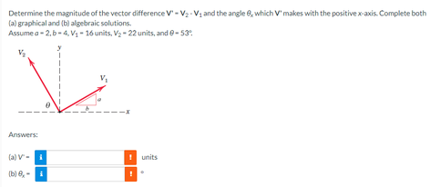 Determine the magnitude of the vector difference V-V₂-V₁ and the angle 8, which V' makes with the positive x-axis. Complete both
(a) graphical and (b) algebraic solutions.
Assume a -2, 6-4, V₁-16 units, V₂-22 units, and 9-53°
V
Answers:
(a) V-i
(b) 8,-
1
units