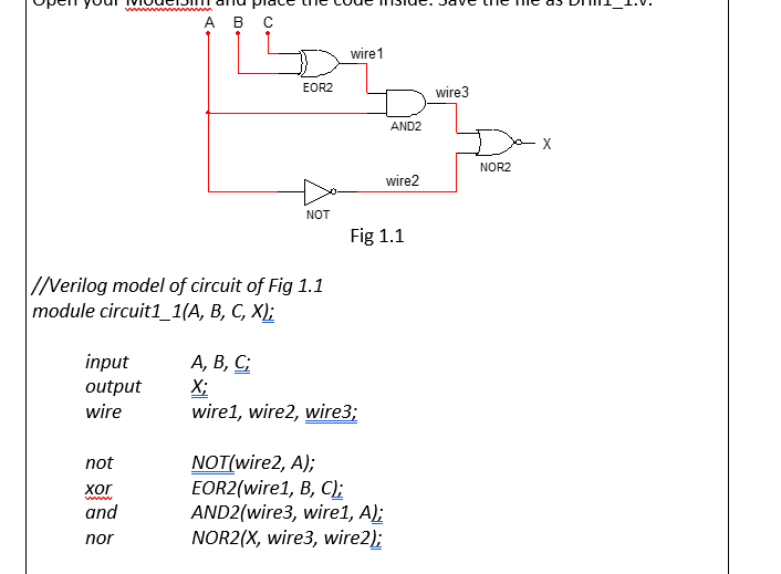 Ав с
wire1
EOR2
wire3
AND2
X
NOR2
wire2
NOT
Fig 1.1
INerilog model of circuit of Fig 1.1
module circuit1_1(A, B, C, X);
А, В, С;
X;
wire1, wire2, wire3;
input
output
wire
NOT(wire2, A);
EOR2(wire1, B, C);
AND2(wire3, wire1, A);
NOR2(X, wire3, wire2);
not
xor
ww
and
nor
