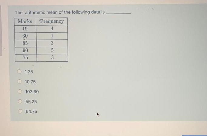 The arithmetic mean of the following data is
Marks Frequency
19
4
30
1
85
3
90
75
3
1.25
10.75
103.60
55.25
64.75
