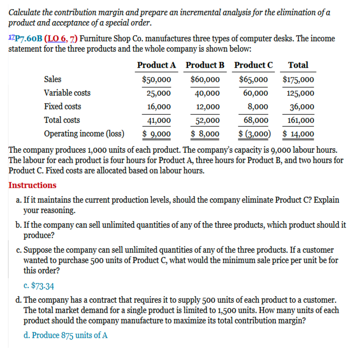 Calculate the contribution margin and prepare an incremental analysis for the elimination of a
product and acceptance of a special order.
17P7.60B (LO 6, 7) Furniture Shop Co. manufactures three types of computer desks. The income
statement for the three products and the whole company is shown below:
Product A Product B
$50,000
$60,000
25,000
40,000
16,000
12,000
41,000
52,000
$ 9,000
$ 8,000
Product C
Total
$65,000
$175,000
60,000
125,000
8,000
36,000
68,000
161,000
$ (3,000) $ 14,000
Sales
Variable costs
Fixed costs
Total costs
Operating income (loss)
The company produces 1,000 units of each product. The company's capacity is 9,000 labour hours.
The labour for each product is four hours for Product A, three hours for Product B, and two hours for
Product C. Fixed costs are allocated based on labour hours.
Instructions
a. If it maintains the current production levels, should the company eliminate Product C? Explain
your reasoning.
b. If the company can sell unlimited quantities of any of the three products, which product should it
produce?
c. Suppose the company can sell unlimited quantities of any of the three products. If a customer
wanted to purchase 500 units of Product C, what would the minimum sale price per unit be for
this order?
c. $73.34
d. The company has a contract that requires it to supply 500 units of each product to a customer.
The total market demand for a single product is limited to 1,500 units. How many units of each
product should the company manufacture to maximize its total contribution margin?
d. Produce 875 units of A