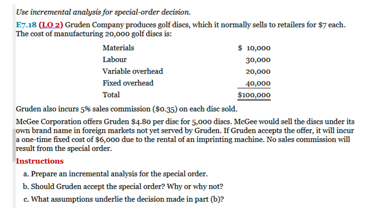 Use incremental analysis for special-order decision.
E7.18 (LO 2) Gruden Company produces golf discs, which it normally sells to retailers for $7 each.
The cost of manufacturing 20,000 golf discs is:
Materials
Labour
Variable overhead
Fixed overhead
Total
$ 10,000
30,000
20,000
40,000
$100,000
Gruden also incurs 5% sales commission ($0.35) on each disc sold.
McGee Corporation offers Gruden $4.80 per disc for 5,000 discs. McGee would sell the discs under its
own brand name in foreign markets not yet served by Gruden. If Gruden accepts the offer, it will incur
a one-time fixed cost of $6,000 due to the rental of an imprinting machine. No sales commission will
result from the special order.
Instructions
a. Prepare an incremental analysis for the special order.
b. Should Gruden accept the special order? Why or why not?
c. What assumptions underlie the decision made in part (b)?