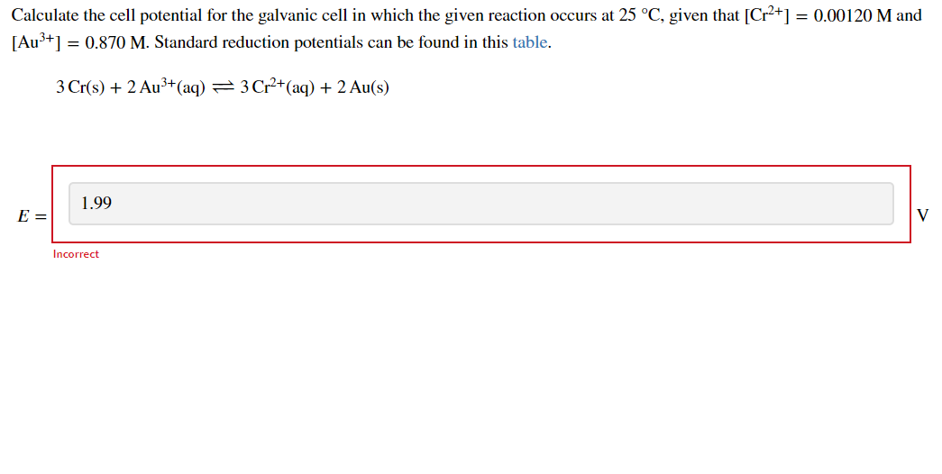 Calculate the cell potential for the galvanic cell in which the given reaction occurs at 25 °C, given that [Cr2+] = 0.00120 M and
[Au3+1 = 0.870 M. Standard reduction potentials can be found in this table.
3 Cr(s) + 2 Au³+(aq) = 3 Cr²+(aq) + 2 Au(s)
1.99
E =
V
Incorrect
