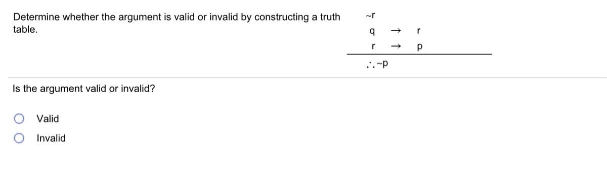 Determine whether the argument is valid or invalid by constructing a truth
table.
r
p
..-p
Is the argument valid or invalid?
Valid
Invalid
