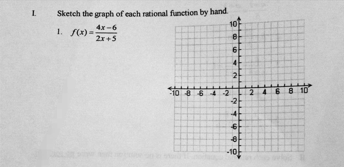 Sketch the graph of each rational function by hand.
10
I.
4x-6
1. f(x)=
%3D
2x+5
4
2
4 6
8 10
2.
-10 -8 -6 -4 -2
-2-
-4
-6
-8
-10

