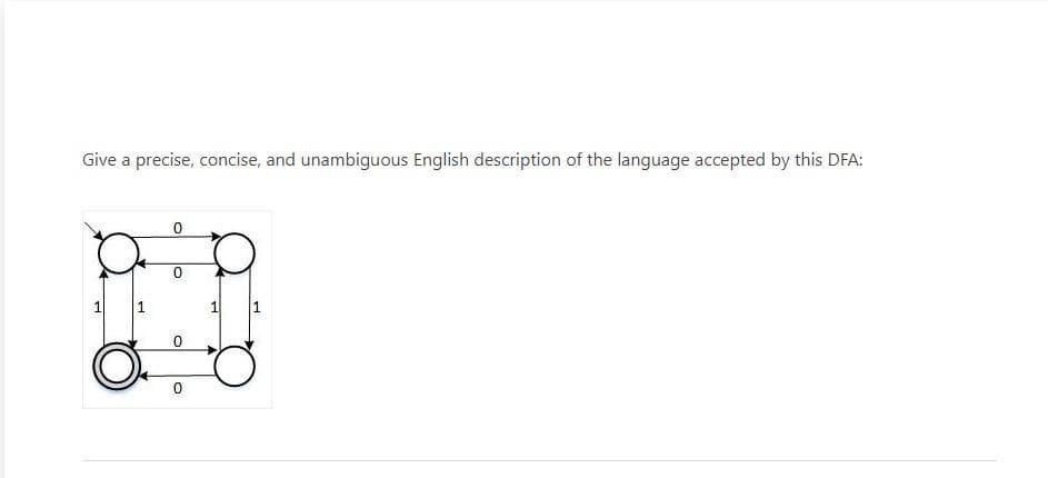 Give a precise, concise, and unambiguous English description of the language accepted by this DFA:
1
1.
