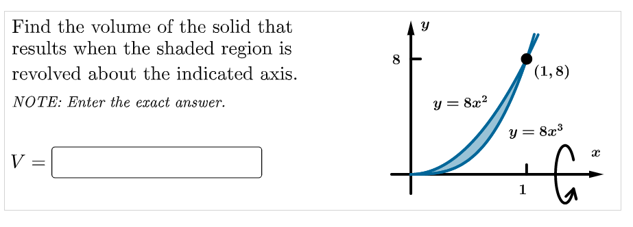 Find the volume of the solid that
results when the shaded region is
8
revolved about the indicated axis.
(1, 8)
NOTE: Enter the exact answer.
y = 8x?
y = 8x3
V
1
