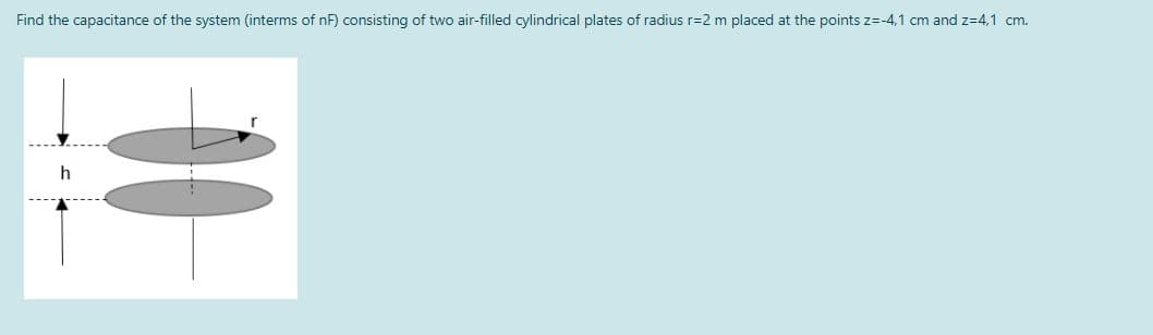Find the capacitance of the system (interms of nF) consisting of two air-filled cylindrical plates of radius r=2 m placed at the points z=-4,1 cm and z=4,1 cm.
