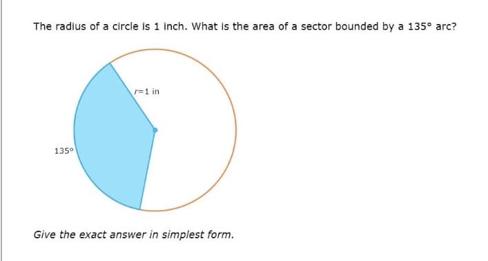 The radius of a circle is 1 inch. What is the area of a sector bounded by a 135° arc?
r=1 in
135°
Give the exact answer in simplest form.
