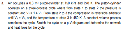 3. Air occupies a 0.3 m³ piston-cylinder at 150 kPa and 278 K. The piston-cylinder
operates on a three-process cycle where from state 1 to state 2 the pressure is
constant and V2 = 1.4 V1. From state 2 to 3 the compression is reversible adiabatic
until V3 = V1, and the temperature at state 3 is 450 K. A constant-volume process
completes the cycle. Sketch the cycle on a p-V diagram and determine the network
and heat flows for the cycle.
