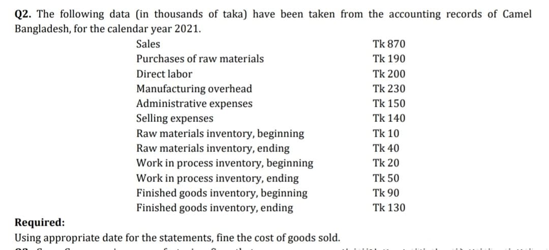 Q2. The following data (in thousands of taka) have been taken from the accounting records of Camel
Bangladesh, for the calendar year 2021.
Sales
Tk 870
Purchases of raw materials
Tk 190
Direct labor
Tk 200
Manufacturing overhead
Administrative expenses
Tk 230
Tk 150
Selling expenses
Raw materials inventory, beginning
Raw materials inventory, ending
Work in process inventory, beginning
Tk 140
Tk 10
Tk 40
Tk 20
Work in process inventory, ending
Finished goods inventory, beginning
Finished goods inventory, ending
Tk 50
Tk 90
Tk 130
Required:
Using appropriate date for the statements, fine the cost of goods sold.
