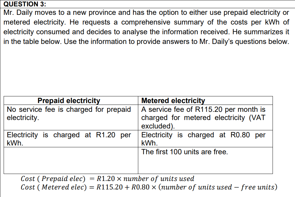 QUESTION 3:
Mr. Daily moves to a new province and has the option to either use prepaid electricity or
metered electricity. He requests a comprehensive summary of the costs per kWh of
electricity consumed and decides to analyse the information received. He summarizes it
in the table below. Use the information to provide answers to Mr. Daily's questions below.
Metered electricity
A service fee of R115.20 per month is
charged for metered electricity (VAT
excluded).
Electricity is charged at RO.80 per
kWh.
Prepaid electricity
No service fee is charged for prepaid
electricity.
Electricity is charged at R1.20 per
kWh.
The first 100 units are free.
Cost ( Prepaid elec)
Cost ( Metered elec) = R115.20 + R0.80 × (number of units used – free units)
—D R1.20 x питber of units used

