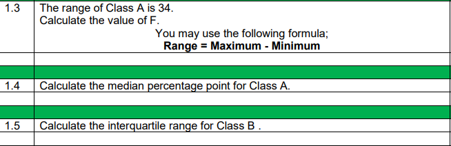 The range of Class A is 34.
Calculate the value of F.
1.3
You may use the following formula;
Range = Maximum - Minimum
1.4
Calculate the median percentage point for Class A.
1.5
Calculate the interquartile range for Class B.
