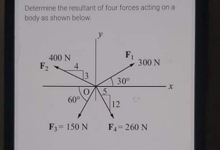 Determine the resultant of four forces acting on a
body as shown below.
F1
300 N
400 N
F2
4.
13
30°
60°
12
F3= 150 N
F4= 260 N
