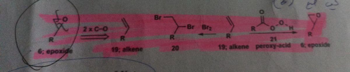fo
6; epoxide
2x0-0
R
19; alkene
Br
R
20
Br
Br₂
31
R
R
21
19; alkene peroxy-acid 6; epoxide