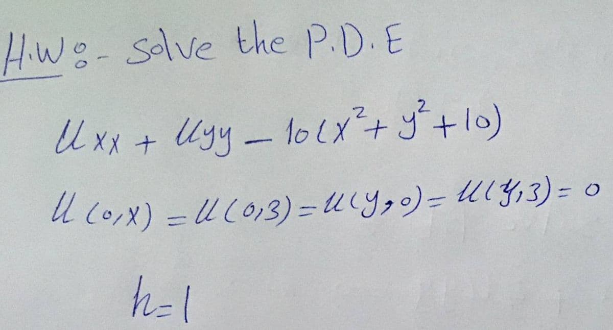 Hiw:-solve the P.D.E
Uxx + Uyy-lolX+ y+lo)
l Co,X) = UC013) = UYgo) = U14,3) = o
