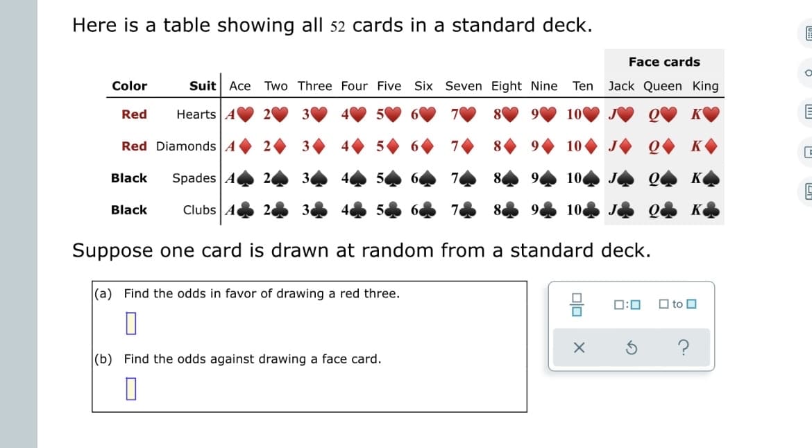 Here is a table showing all 52 cards in a standard deck.
Face cards
Color
Suit Ace Two Three Four Five Six Seven Eight Nine Ten Jack Queen King.
Red
Hearts A
10
K
Red Diamonds A
10
K
Black
Spades A
10
K
Black
Clubs A
7
10
K
Suppose one card is drawn at random from a standard deck.
(a) Find the odds in favor of drawing a red three.
0:0
☐ to
0
(b) Find the odds against drawing a face card.
0
E
O
E
G