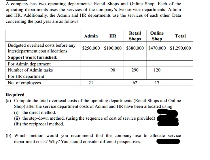 A company has two operating departments: Retail Shops and Online Shop. Each of the
operating departments uses the services of the company's two service departments: Admin
and HR. Additionally, the Admin and HR departments use the services of each other. Data
concerning the past year are as follows:
Retail
Online
Admin
HR
Total
Shops
Shop
Budgeted overhead costs before any
interdepartment cost allocations
Support work furnished:
For Admin department
$250,000 $190,000 $380,000 $470,000 S1,290,000
Number of Admin tasks
90
290
120
For HR department
No. of employees
21
62
17
Required
(a) Compute the total overhead costs of the operating departments (Retail Shops and Online
Shop) after the service department costs of Admin and HR have been allocated using
(i) the direct method.
(ii) the step-down method. (using the sequence of cost of service provided)
(iii) the reciprocal method.
(b) Which method would you recommend that the company use to allocate service
department costs? Why? You should consider different perspectives.
