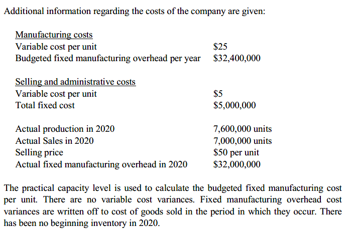 Additional information regarding the costs of the company are given:
Manufacturing costs
Variable cost per unit
Budgeted fixed manufacturing overhead per year $32,400,000
$25
Selling and administrative costs
Variable cost per unit
Total fixed cost
$5
$5,000,000
Actual production in 2020
Actual Sales in 2020
7,600,000 units
7,000,000 units
$50 per unit
$32,000,000
Selling price
Actual fixed manufacturing overhead in 2020
The practical capacity level is used to calculate the budgeted fixed manufacturing cost
per unit. There are no variable cost variances. Fixed manufacturing overhead cost
variances are written off to cost of goods sold in the period in which they occur. There
has been no beginning inventory in 2020.
