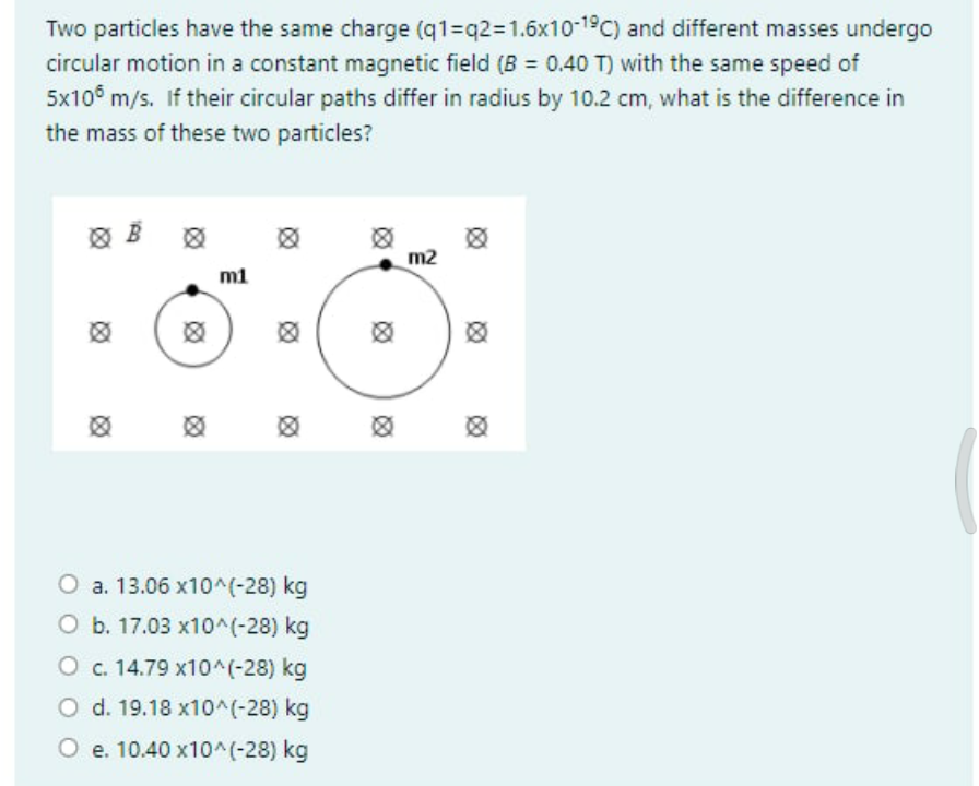 Two particles have the same charge (q1=q2=1.6x1019C) and different masses undergo
circular motion in a constant magnetic field (B = 0.40 T) with the same speed of
5x10° m/s. If their circular paths differ in radius by 10.2 cm, what is the difference in
the mass of these two particles?
m2
O a. 13.06 x10^(-28) kg
O b. 17.03 x10^(-28) kg
O c. 14.79 x10^(-28) kg
O d. 19.18 x10^(-28) kg
O e. 10.40 x10^(-28) kg
