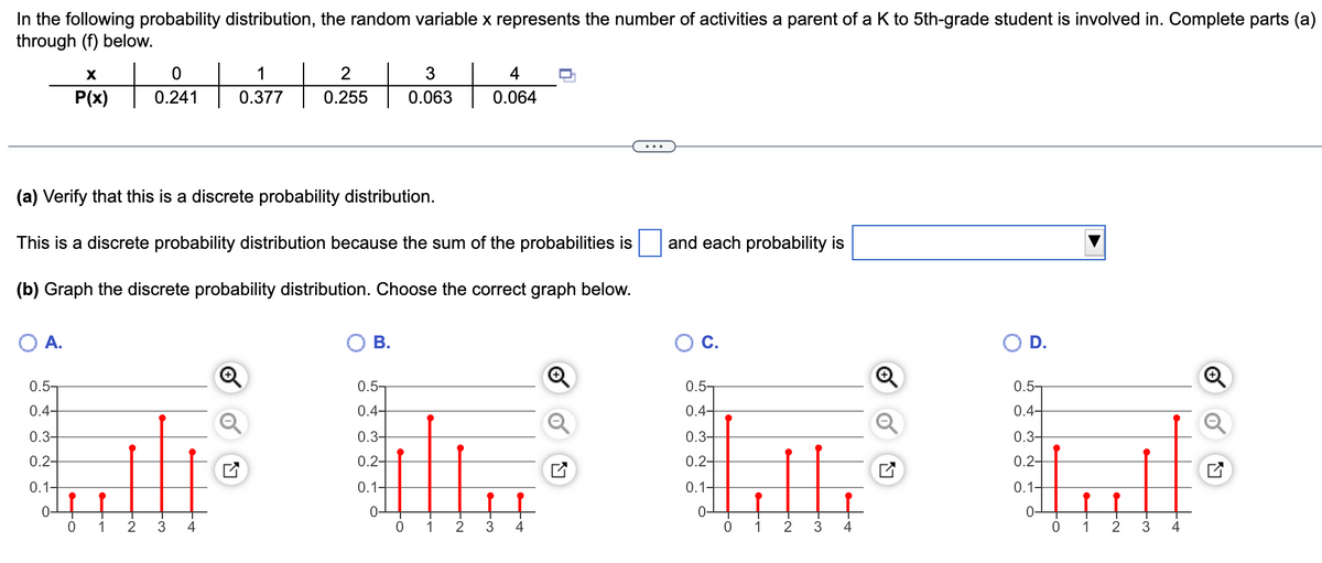In the following probability distribution, the random variable x represents the number of activities a parent of a K to 5th-grade student is involved in. Complete parts (a)
through (f) below.
+
X
1
2
4
P(x)
0.241
0.377
0.255
0.063
0.064
(a) Verify that this is a discrete probability distribution.
This is a discrete probability distribution because the sum of the probabilities is
and each probability is
(b) Graph the discrete probability distribution. Choose the correct graph below.
OA.
В.
C.
D.
0.5-
0.5-
0.5-
0.5-
0.4-
0.4-
0.4-
0.4-
0.3-
0.3-
0.3-
0.3-
0.2-
0.2-
0.2-
0.2-
0.1-
0.1-
0.1-
0.1-
0-
0-
1
2
3
4
1
3
1
2
3
4
1
3
4
