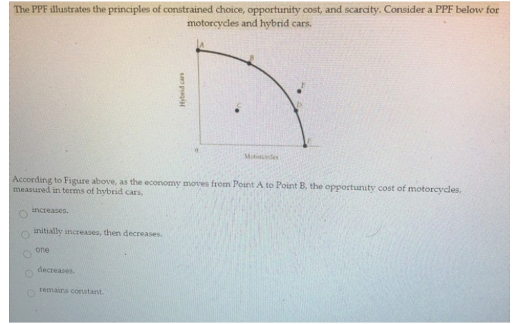 The PPF illustrates the principles of constrained choice, opportunity cost, and scarcity. Consider a PPF below for
motorcycles and hybrid cars.
D
Motorcydes
According to Figure above, as the economy moves from Point A to Point B, the opportunity cost of motorcycles,
measured in terms of hybrid cars,
increases.
initially increases, then decreases.
one
decreases.
remains constant.
Hybrid cars