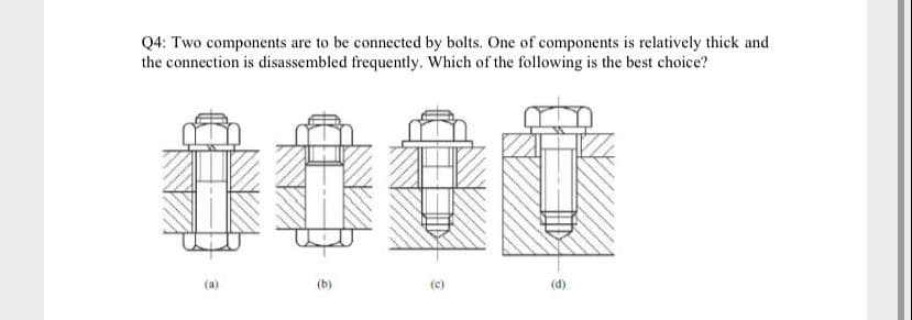 Q4: Two components are to be connected by bolts. One of components is relatively thick and
the connection is disassembled frequently. Which of the following is the best choice?
0000
(a)
(b)
(c)
(d)

