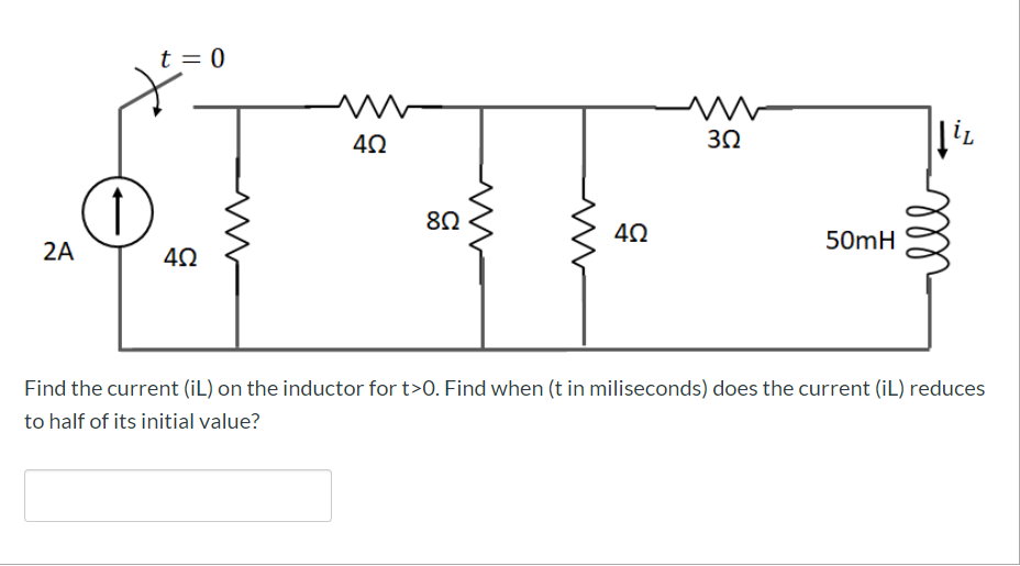 t = 0
30
50mH
2A
Find the current (iL) on the inductor for t>0. Find when (t in miliseconds) does the current (iL) reduces
to half of its initial value?
