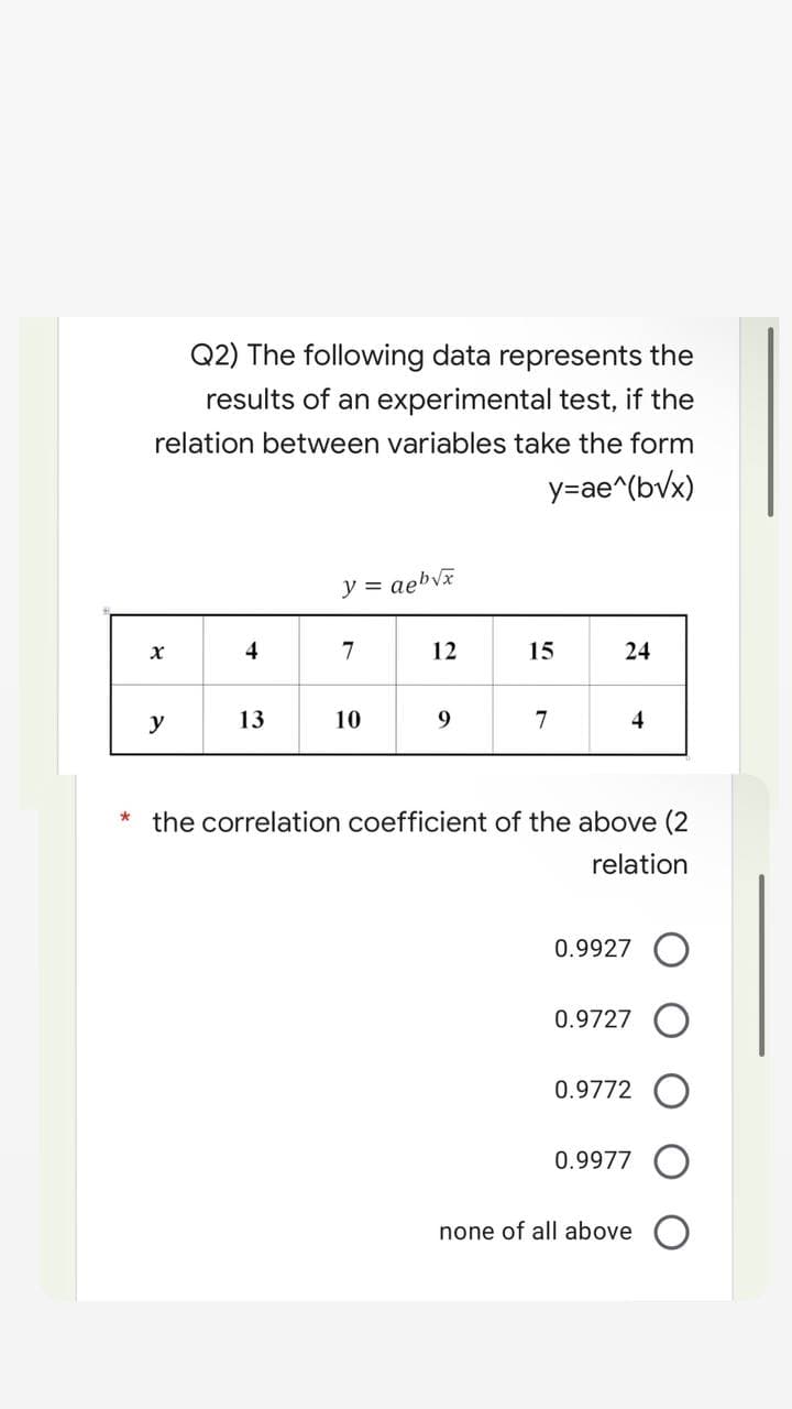 Q2) The following data represents the
results of an experimental test, if the
relation between variables take the form
y=ae^(bvx)
y =
aeb√x
X
4
7
12
15
24
y
13
10
9
7
4
*
the correlation coefficient of the above (2
relation
0.9927
0.9727
0.9772
0.9977
none of all above