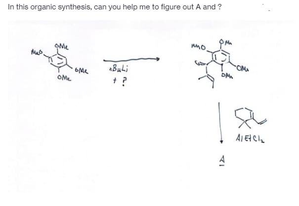 In this organic synthesis, can you help me to figure out A and ?
mo.
DMA
6Me
OMe
+ ?
マ」
