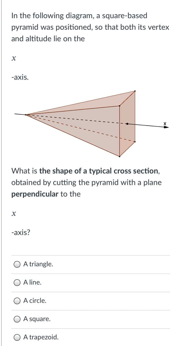 In the following diagram, a square-based
pyramid was positioned, so that both its vertex
and altitude lie on the
-axis.
What is the shape of a typical cross section,
obtained by cutting the pyramid with a plane
perpendicular to the
-axis?
A triangle.
A line.
A circle.
A square.
A trapezoid.
