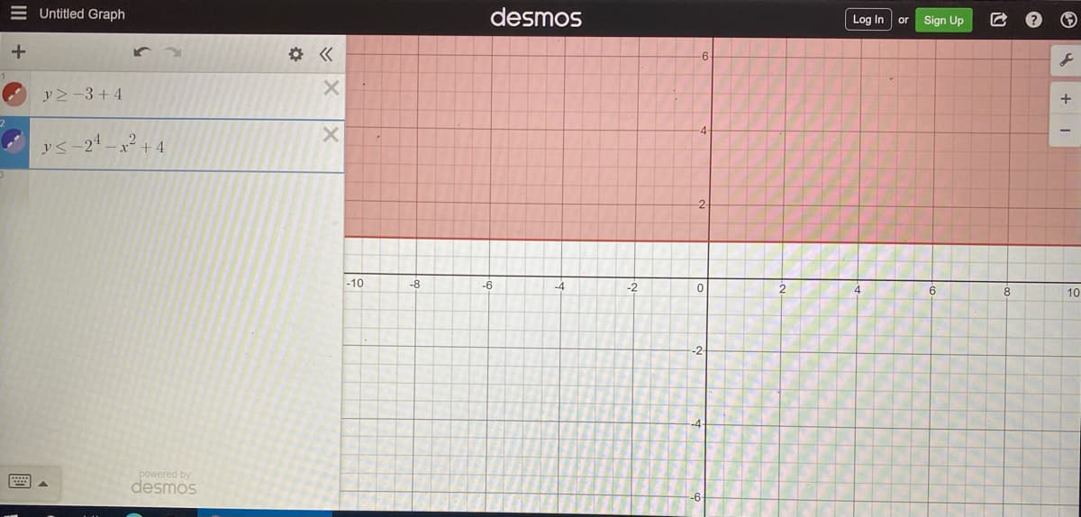 E Untitled Graph
desmos
Log In
or
Sign Up
章《
y>-3+4
+
y< -24 – x²
-10
-8
-6
-4
-2
6.
10
-2
powered by
desmos
