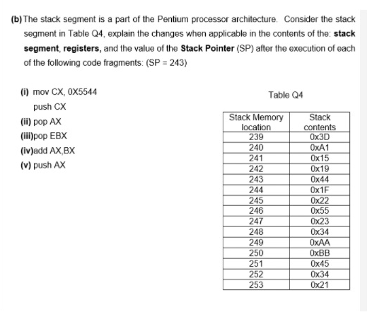 (b) The stack segment is a part of the Pentium processor architecture. Consider the stack
segment in Table Q4, explain the changes when applicable in the contents of the: stack
segment, registers, and the value of the Stack Pointer (SP) after the execution of each
of the following code fragments: (SP = 243)
(1) mov CX, OX5544
Table Q4
push CX
Stack Memory
Stack
(ii) pop AX
location
contents
(iii)pop EBX
239
Ox3D
OxA1
Ox15
Ox19
Ox44
(iv)add AX,BX
240
241
242
243
244
245
246
(v) push AX
Ох1F
0x22
Ox55
247
Ox23
248
Ох34
249
OXAA
250
OXBB
251
Ox45
252
Ох34
253
0x21
