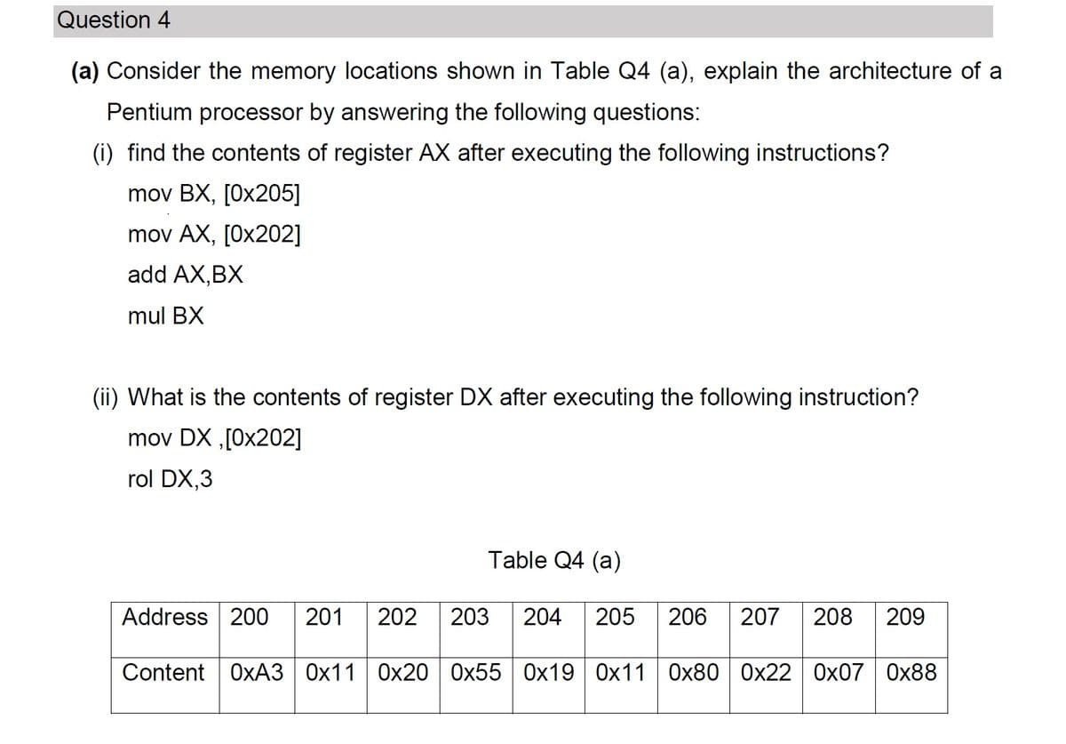 Question 4
(a) Consider the memory locations shown in Table Q4 (a), explain the architecture of a
Pentium processor by answering the following questions:
(i) find the contents of register AX after executing the following instructions?
mov BX, [0x205]
mov AX, [0x202]
add AX,BX
mul BX
(ii) What is the contents of register DX after executing the following instruction?
mov DX,[0x202]
rol DX,3
Table Q4 (a)
Address 200 201 202 203 204 205 206 207 208 209
Content OxA3 0x110x200x55 0x19 0x110x80 0x22 0x07 0x88