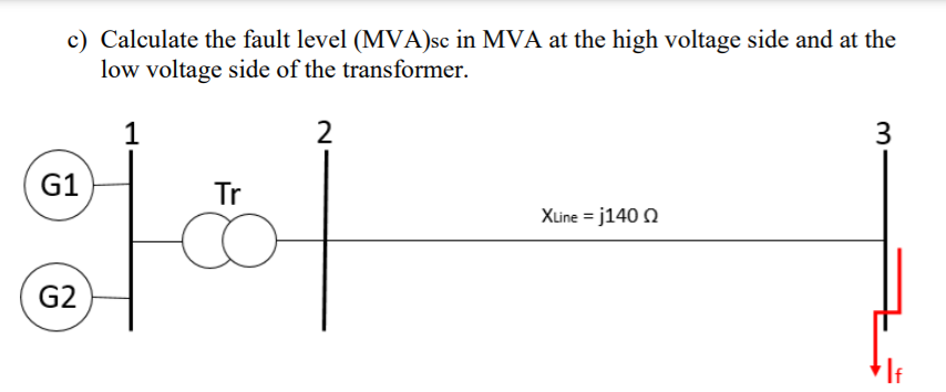 c) Calculate the fault level (MVA)sc in MVA at the high voltage side and at the
low voltage side of the transformer.
1
2
3
G1
Tr
Xline = j140 Q
G2
