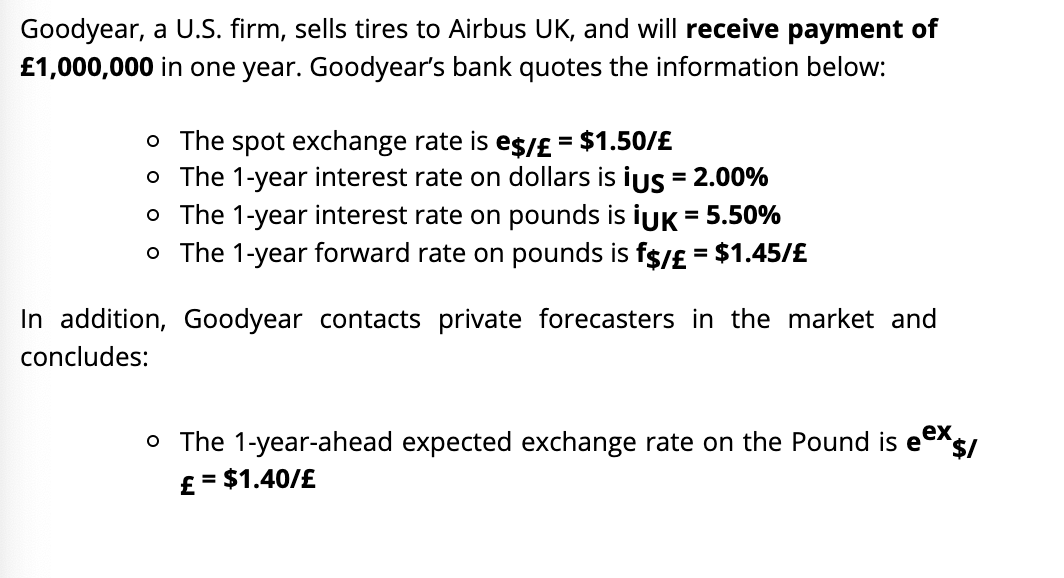Goodyear, a U.S. firm, sells tires to Airbus UK, and will receive payment of
£1,000,000 in one year. Goodyear's bank quotes the information below:
o The spot exchange rate is
o The 1-year interest rate on dollars is ius = 2.00%
e$/£
$1.50/£
%3D
o The 1-year interest rate on pounds is iUK = 5.50%
o The 1-year forward rate on pounds is fs/£ = $1.45/£
%3D
In addition, Goodyear contacts private forecasters in the market and
concludes:
o The 1-year-ahead expected exchange rate on the Pound is eex
£ = $1.40/£
