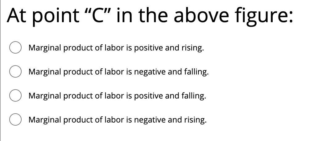 At point "C" in the above figure:
Marginal product of labor is positive and rising.
Marginal product of labor is negative and falling.
Marginal product of labor is positive and falling.
Marginal product of labor is negative and rising.
