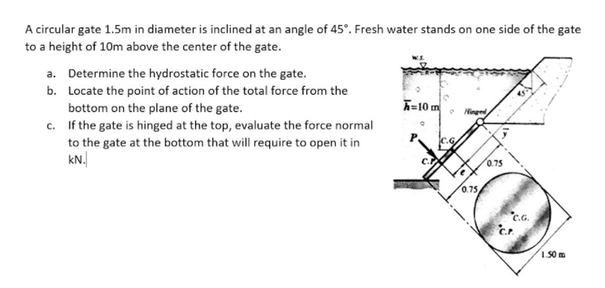 A circular gate 1.5m in diameter is inclined at an angle of 45°. Fresh water stands on one side of the gate
to a height of 10m above the center of the gate.
a. Determine the hydrostatic force on the gate.
b. Locate the point of action of the total force from the
bottom on the plane of the gate.
If the gate is hinged at the top, evaluate the force normal
A=10 m
Hinged
C.
to the gate at the bottom that will require to open it in
P
C.G
kN.
C.
0.75
2.
0.75
c.
1.50 m
