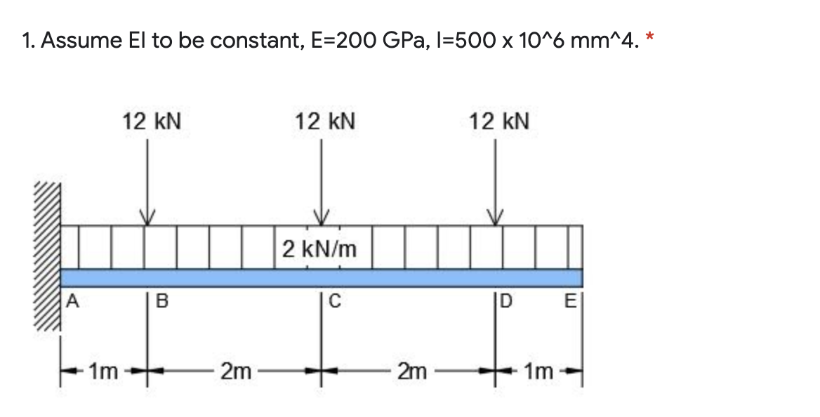 1. Assume El to be constant, E=200 GPa, I=500 x 10^6 mm^4.
*
12 kN
12 kN
12 kN
2 kN/m
B
|D
E|
1m
2m
2m
1m
